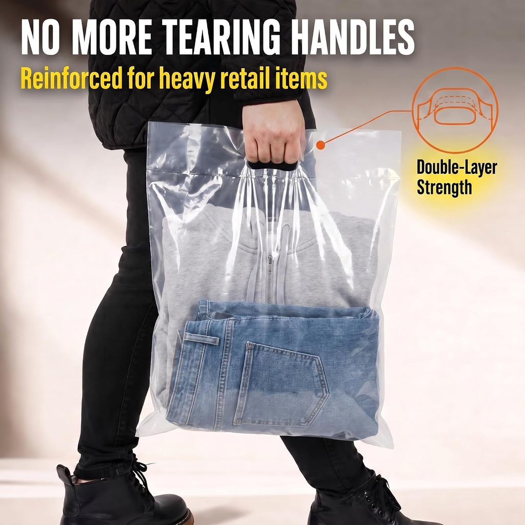 16x18 Large Plastic Shopping Bags for Small Business with Handles, Clear