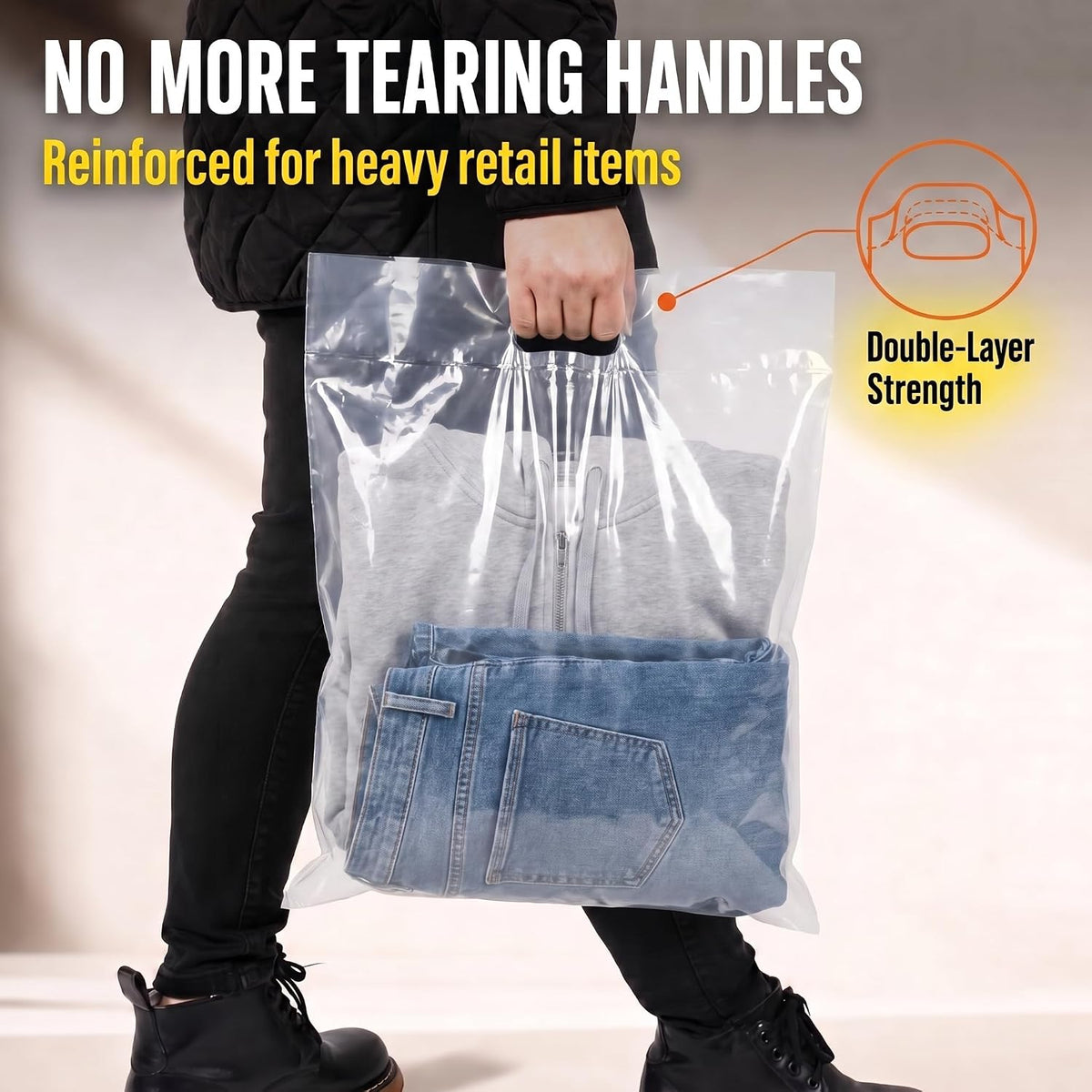 16x18 Large Plastic Shopping Bags for Small Business with Handles, Clear