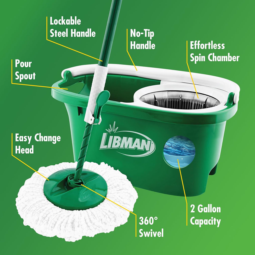 Libman Tornado Spin Mop System and 1 Refill, Mop and Bucket with Wringer Set for Hardwood Floor Cleaning, 2 Total