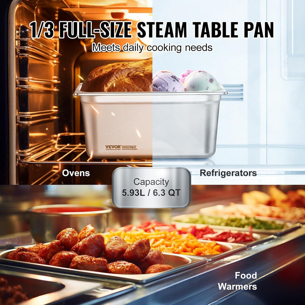 8 Pack Hotel Pans with Lids, 1/3 Size Anti-Jam Steam Pan, 0.8mm Thick Stainless Steel Steam Table Pan, 6-Inch Deep