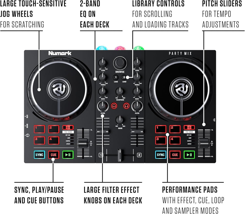 Party Mix II DJ Controller with Built-in Lights | 2-Decks, 2 Filter FX Knobs, DJ Mixer, Touch-Capacitive Wheels
