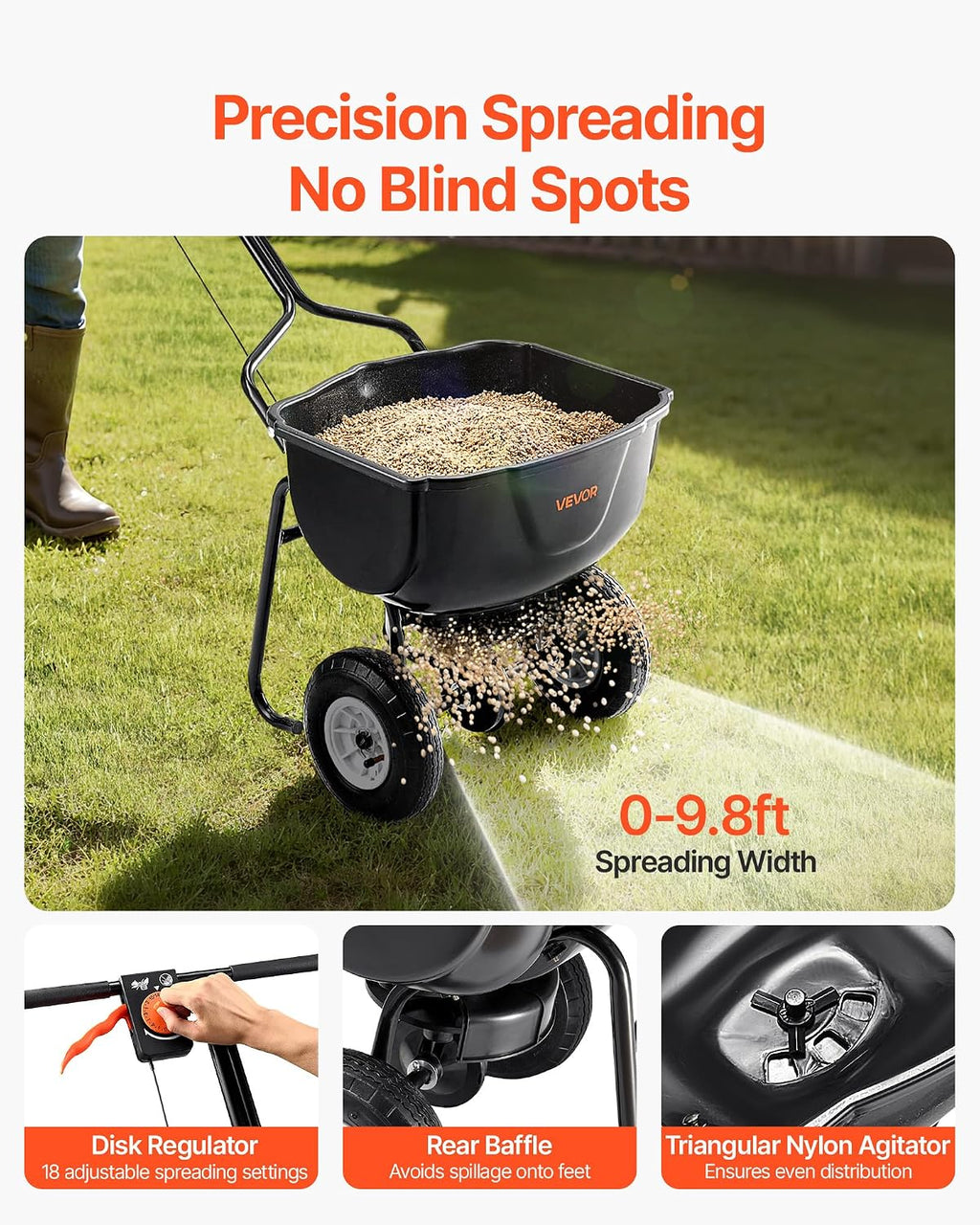 Walk Behind Spreader, 60LBS Capacity, Push Spreader with 0-9.8 ft Spreading Width, 8 in All Terrain Pneumatic Tires