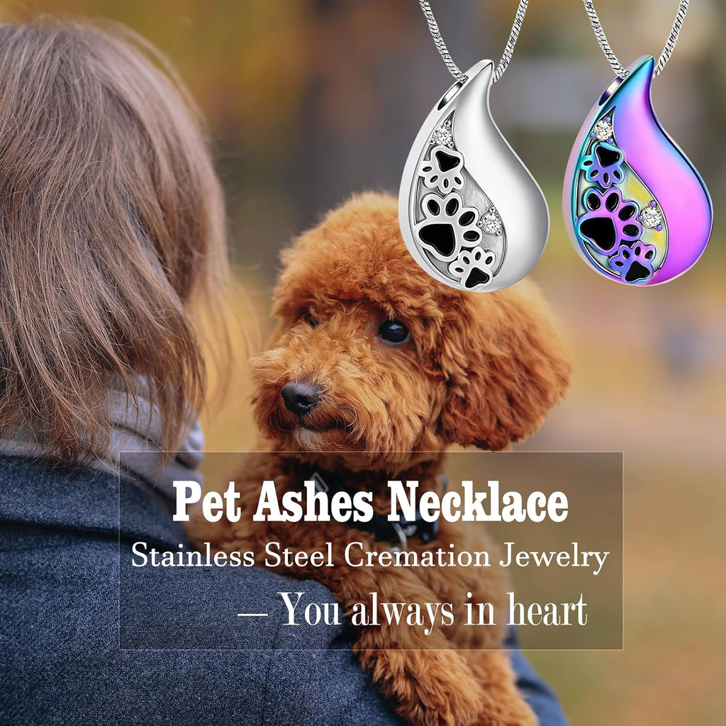 Pet Paw Print Teardrop Urn Necklace for Ashes for Dog/Cat Ashes Keepsake Memorial Pet Cremation Jewelry