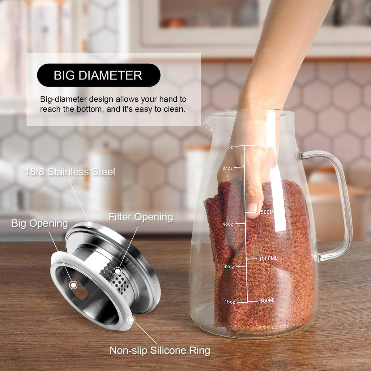 Glass Pitcher with Lid and Handle, Glass Water Pitchers, 2 Liter