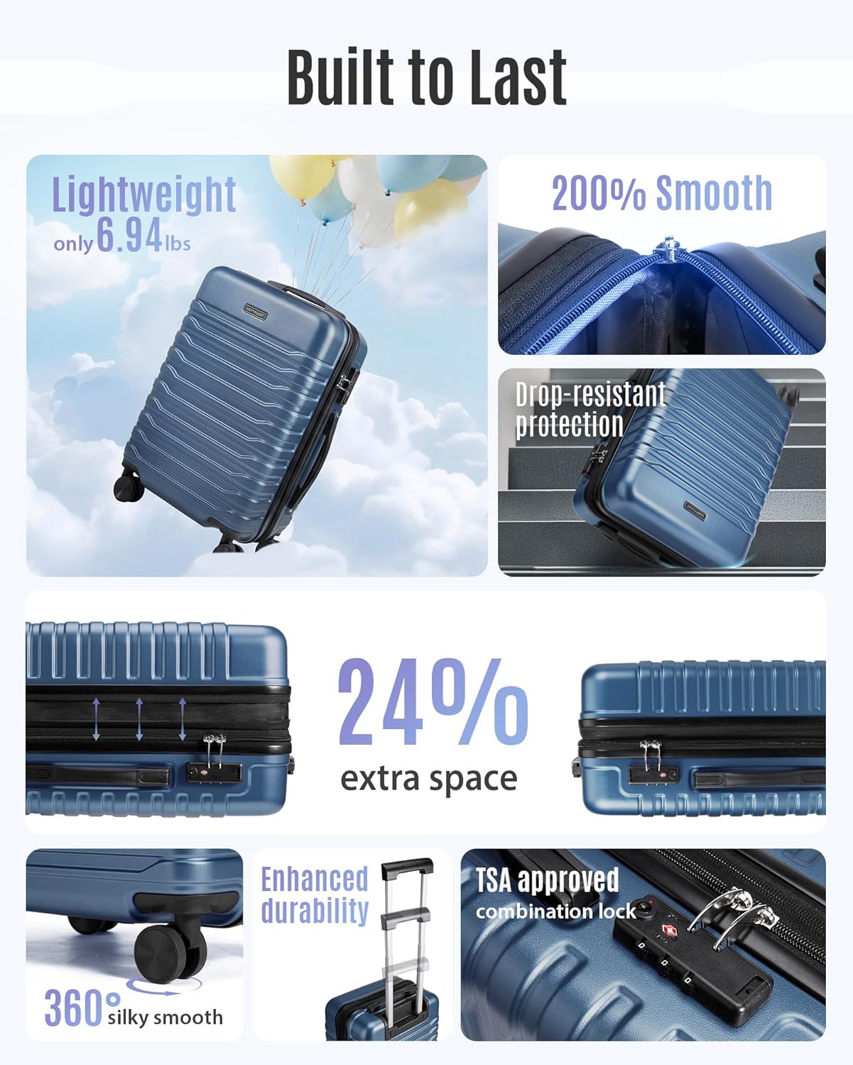 Expandable Carry On Luggage 22x14x9 Airline Approved with Double Spinner Wheels, 20 Inch Lightweight Hard Shell