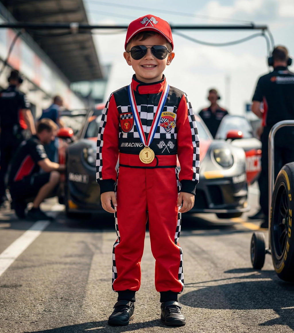 Kids Race Car Driver Costume Set Boys Girls Racer Jumpsuit Halloween Racer Cosplay Dress Up