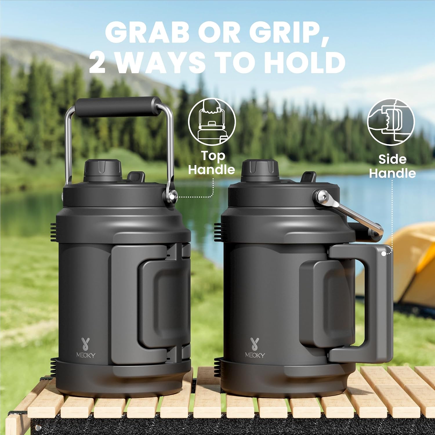 64 oz Insulated Water Bottle for Gym: Meoky Triple Wall Vacuum Stainless Steel Half Gallon Water Jug - Top and Side