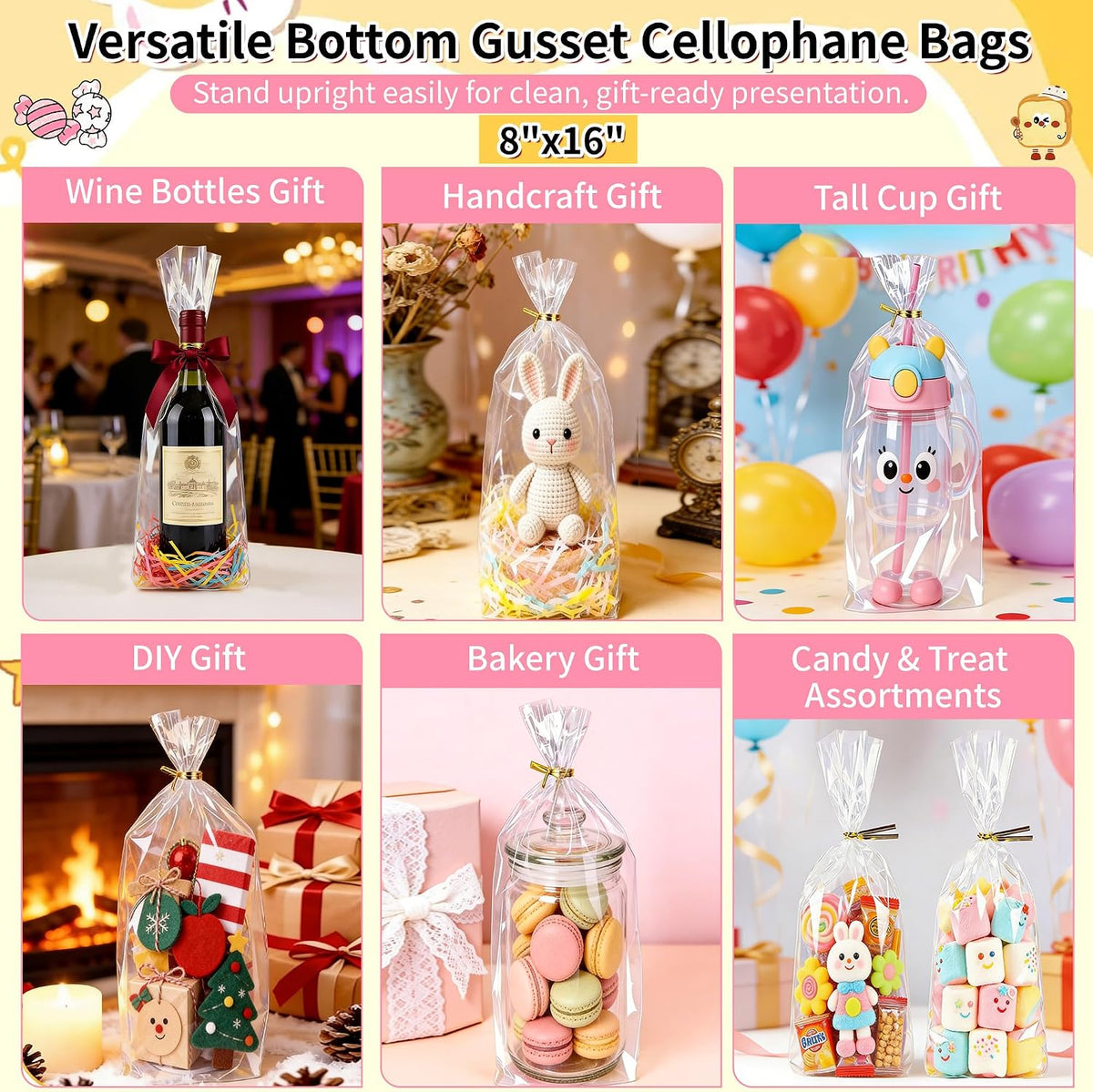 Clear Wine Bottle Gift Bags 8x16 Inch, 50 Pack Cellophane Bags