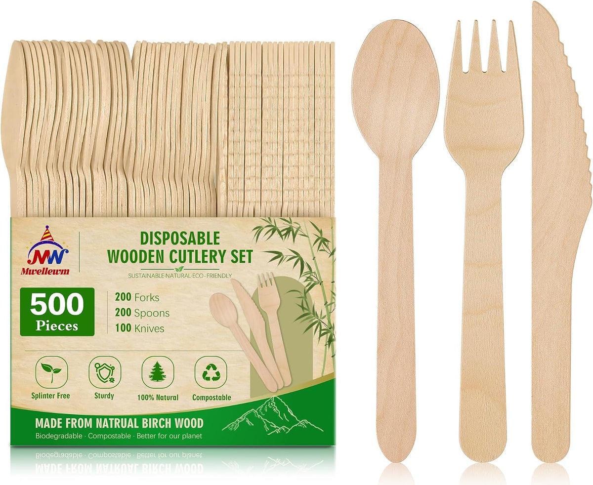 500Pc Wooden Utensil Set Compostable Cutlery Disposable Silverware
