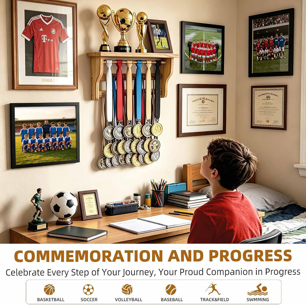 Medal Hanger Display, Large Capacity Trophy and Medal Display Shelf | Natural Solid Wood, Anti-Slip Groove, Widening