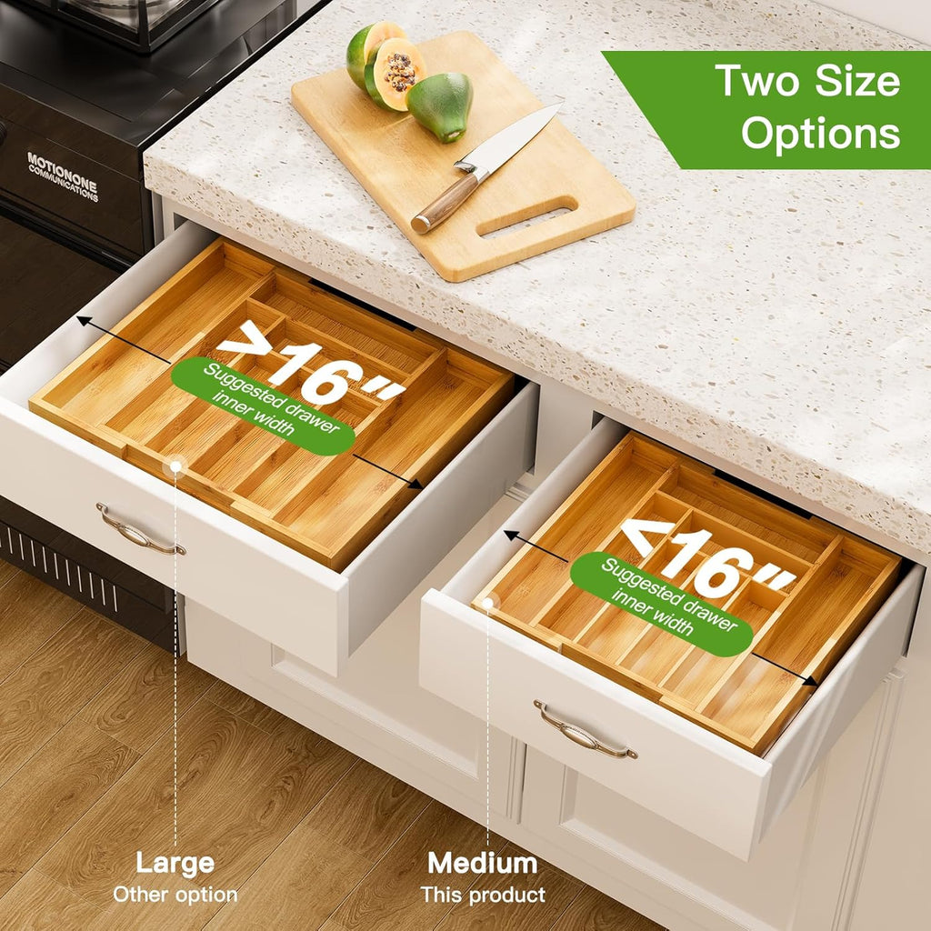 Bamboo Expandable Drawer Organizer for Utensils Holder, Adjustable Cutlery Tray, Wood Drawer Dividers Organizer for