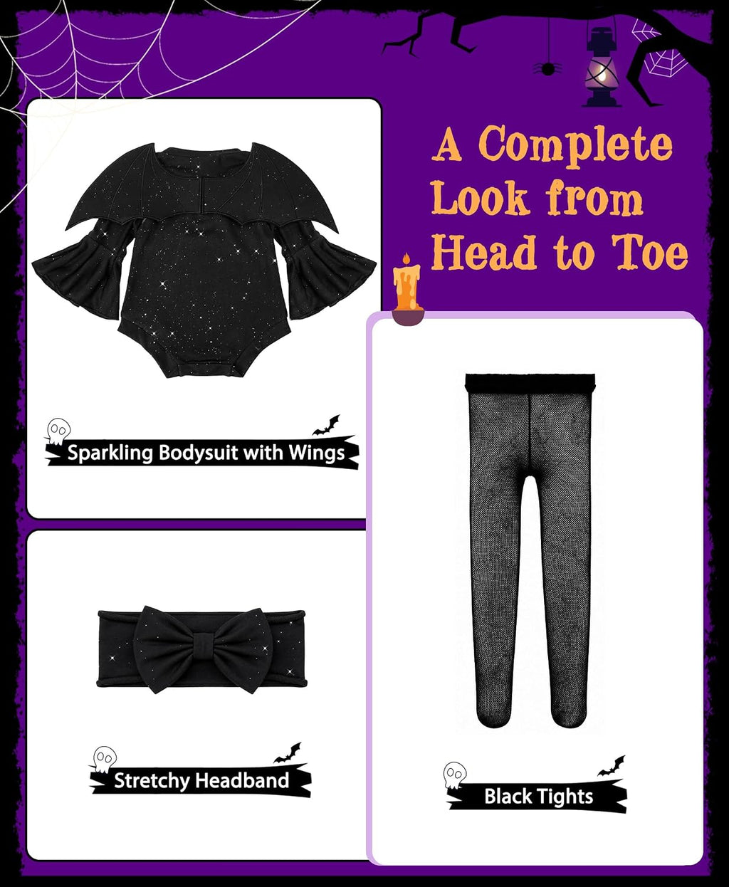 Halloween Baby Bat Costume for Toddler Girl Kids Halloween Party Outfit | Sparkling Romper with Bat wings, Bow