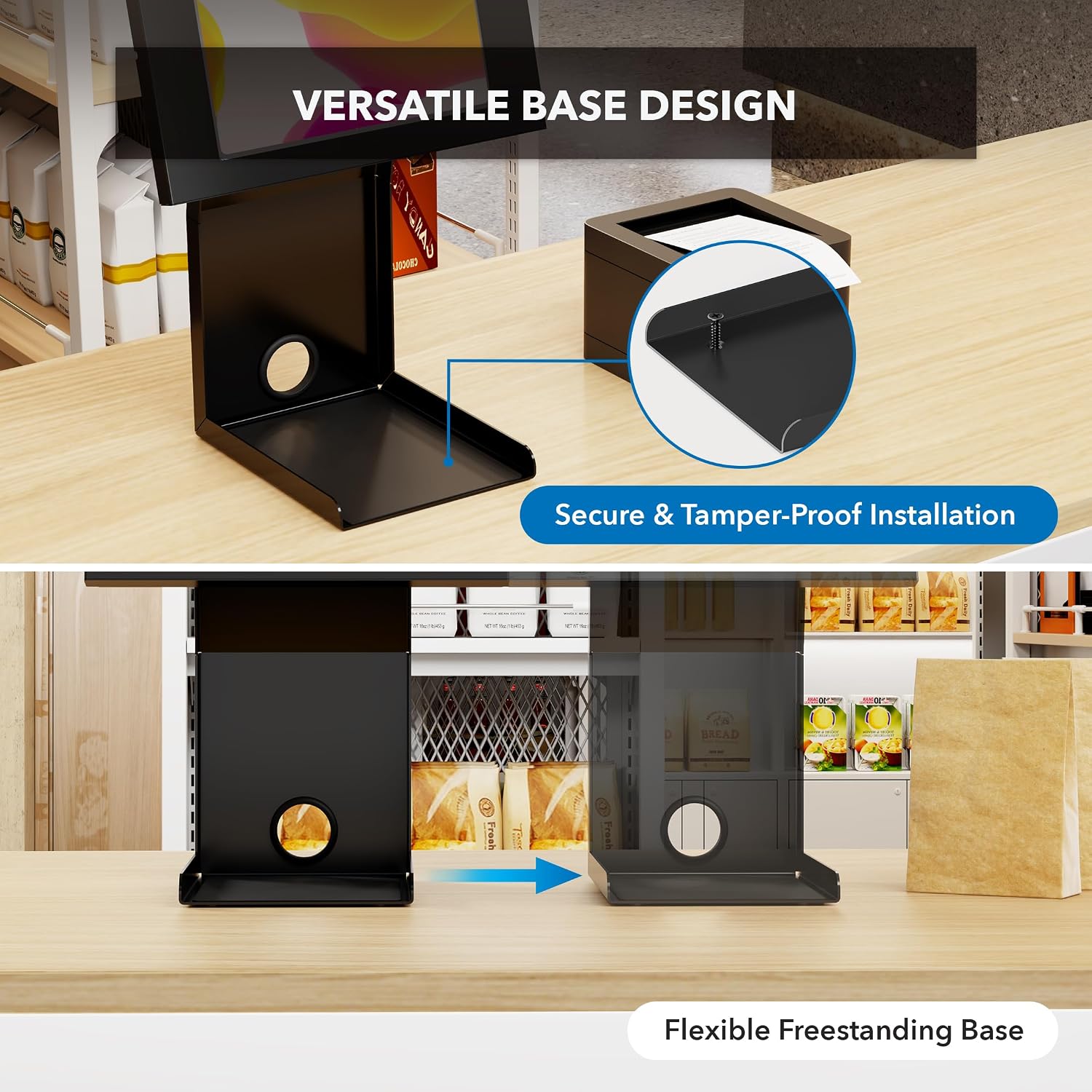 iPad Kiosk Stand with Printer Shelf, Locking Anti-Theft, Black | Tablet POS Stand for Countertop Checkout, 90°
