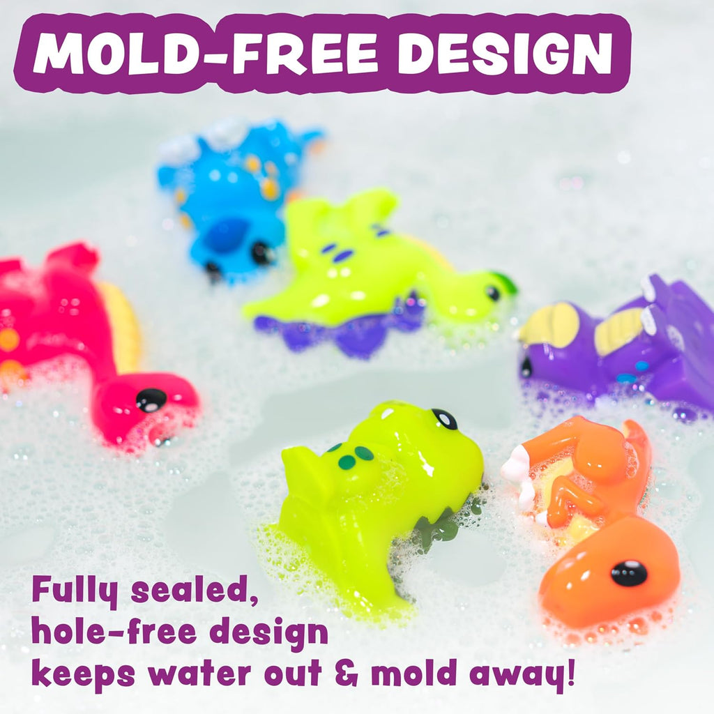 Dinosaur Mold Free Bath Toys, 6 Pack | Sealed, No Hole Bath Toys Design Keeps Moisture Out | Soft, Squeezable & Float