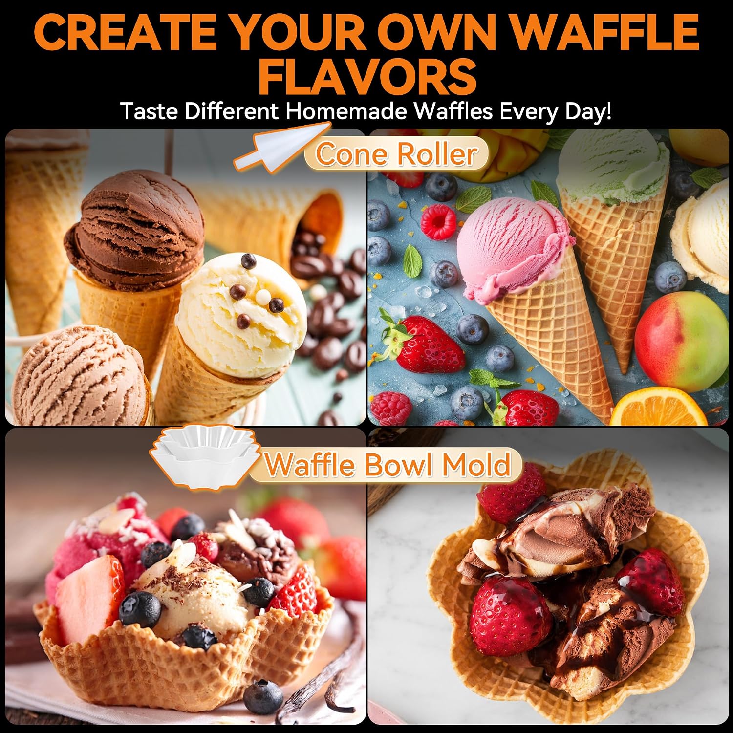 Waffle Cone Maker Machine with Browning Control, 7.5” Ice Cream Cone Maker, Cone Roller & Bowl Press Included,Thin