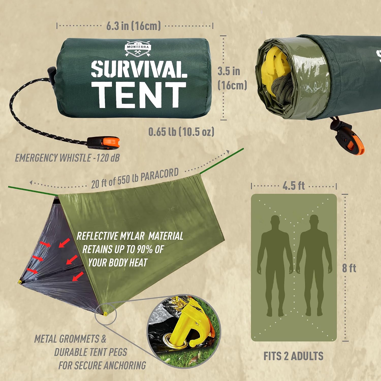 Emergency Tent, 2 Person Survival Shelter, Thermal Mylar, Waterproof, Outdoor Camping Gear and Equipment, Survival