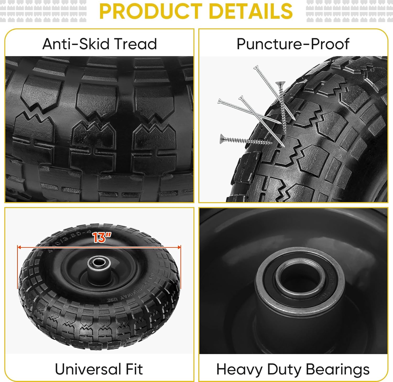 4.00-6 Tire and Wheel Flat Free, 2 Pack 13" Solid Tires with 5/8" Axle Bore Hole and Double Sealed Bearings, Perfect