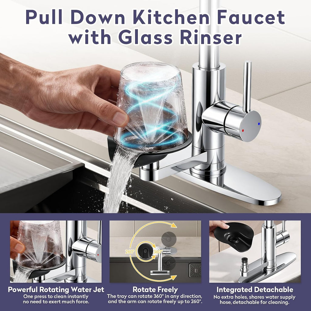 Chrome Kitchen Faucet with Pull Down Sprayer & Cup Washer