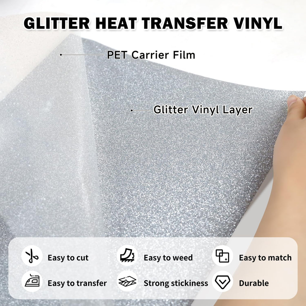Silver Glitter Heat Transfer Vinyl HTV Roll - 12" x 10 Ft Iron On Vinyl for T-Shirts, Silver HTV Vinyl for All Cutter