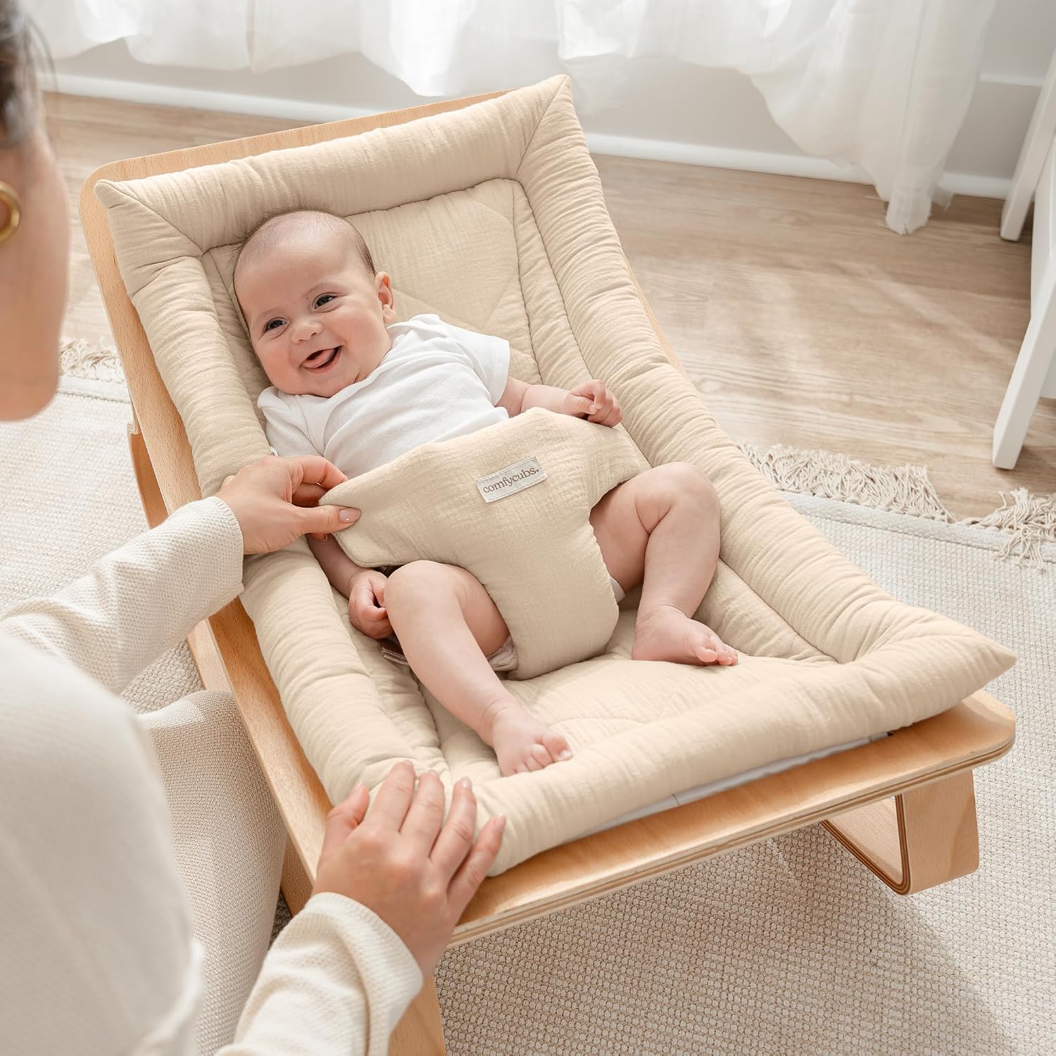 Baby Rocker for Ages 0-24 Months - Wooden Baby Recliner with Soft Removable Quilted Muslin Cotton Cushion - Designed