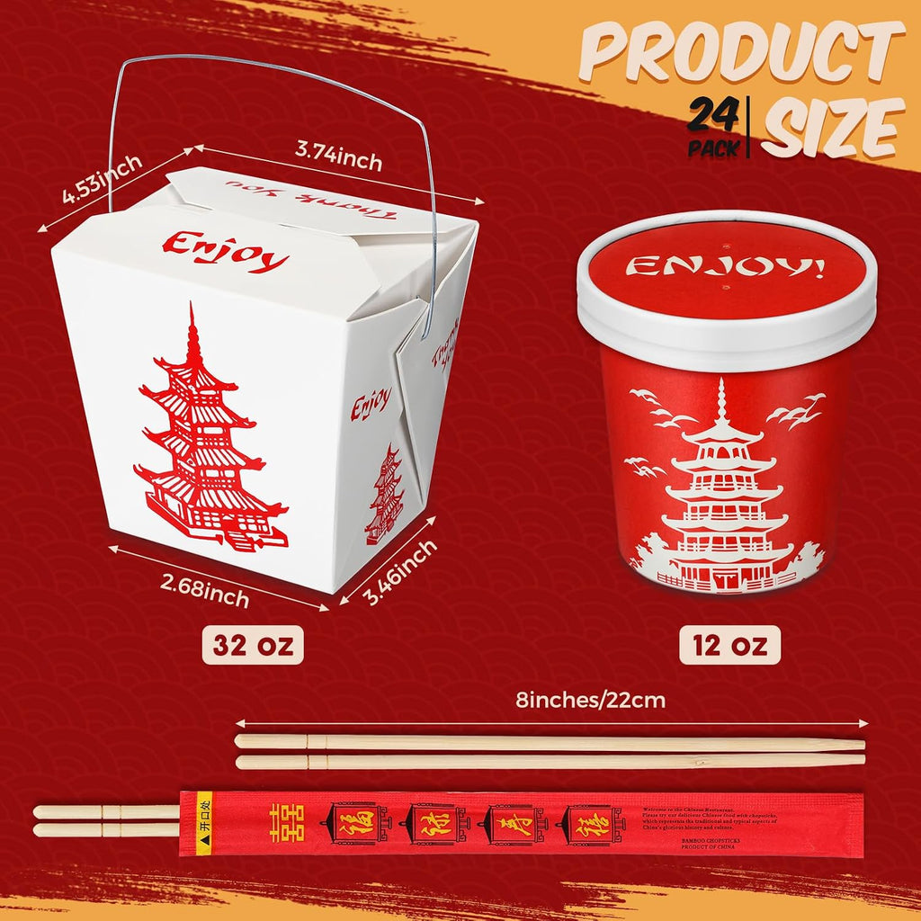 24 Set 32 oz Chinese Take out Box, Bamboo Chopstick 12 oz Soup Containers with Lids, Takeout Food Containers Boxes