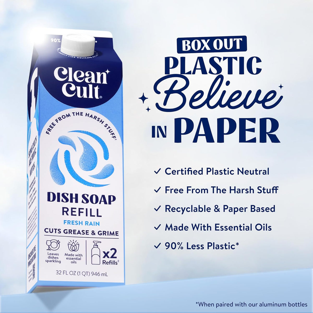 Dish Soap Liquid Refill (32oz, 1 Pack) - Plant Based Cleaning Power - Dish Soap that Cuts Grease & Grime - Free of