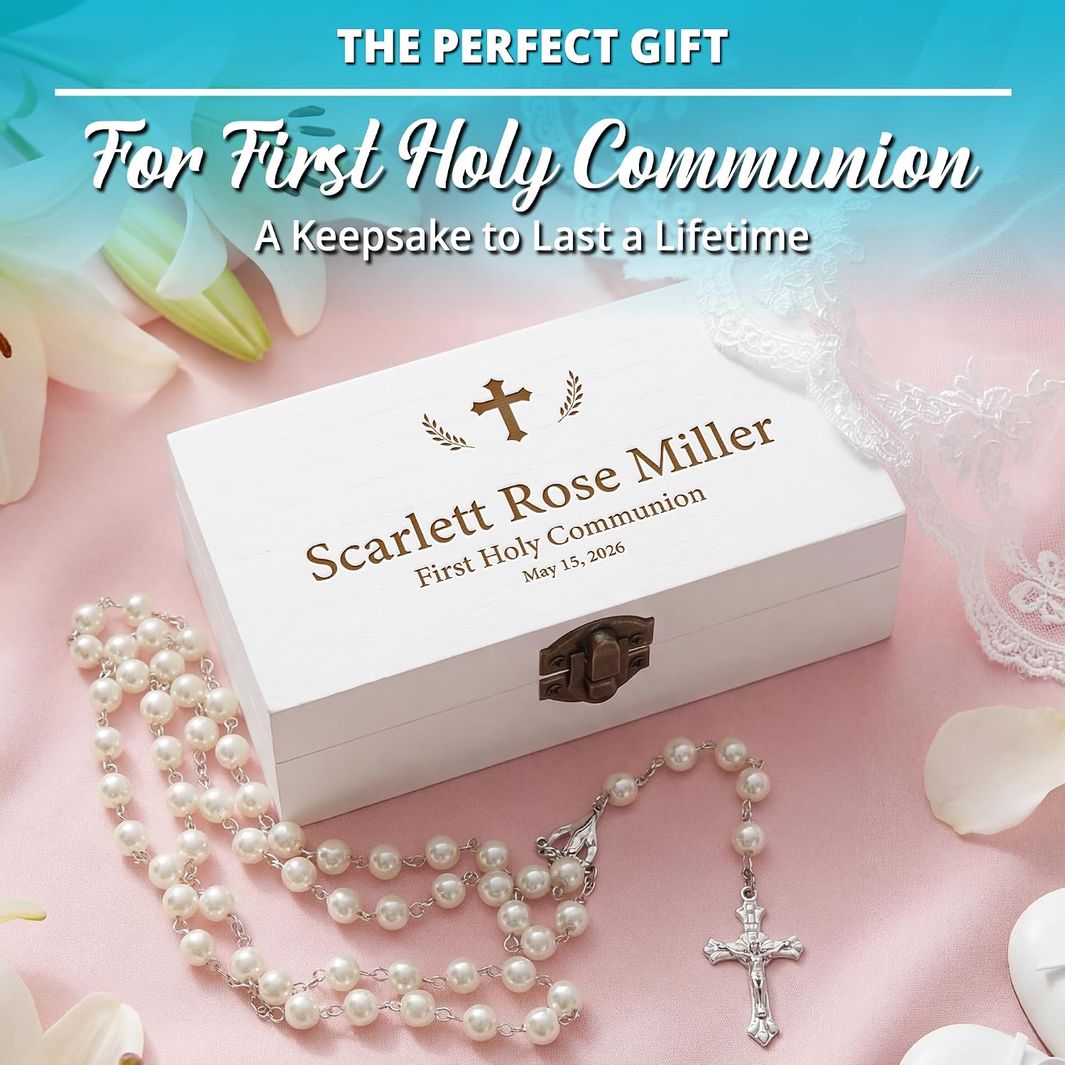 Personalized Keepsake Box for First Communion - Custom Engraved Wooden Memory Box for Baptism, Christening Gift