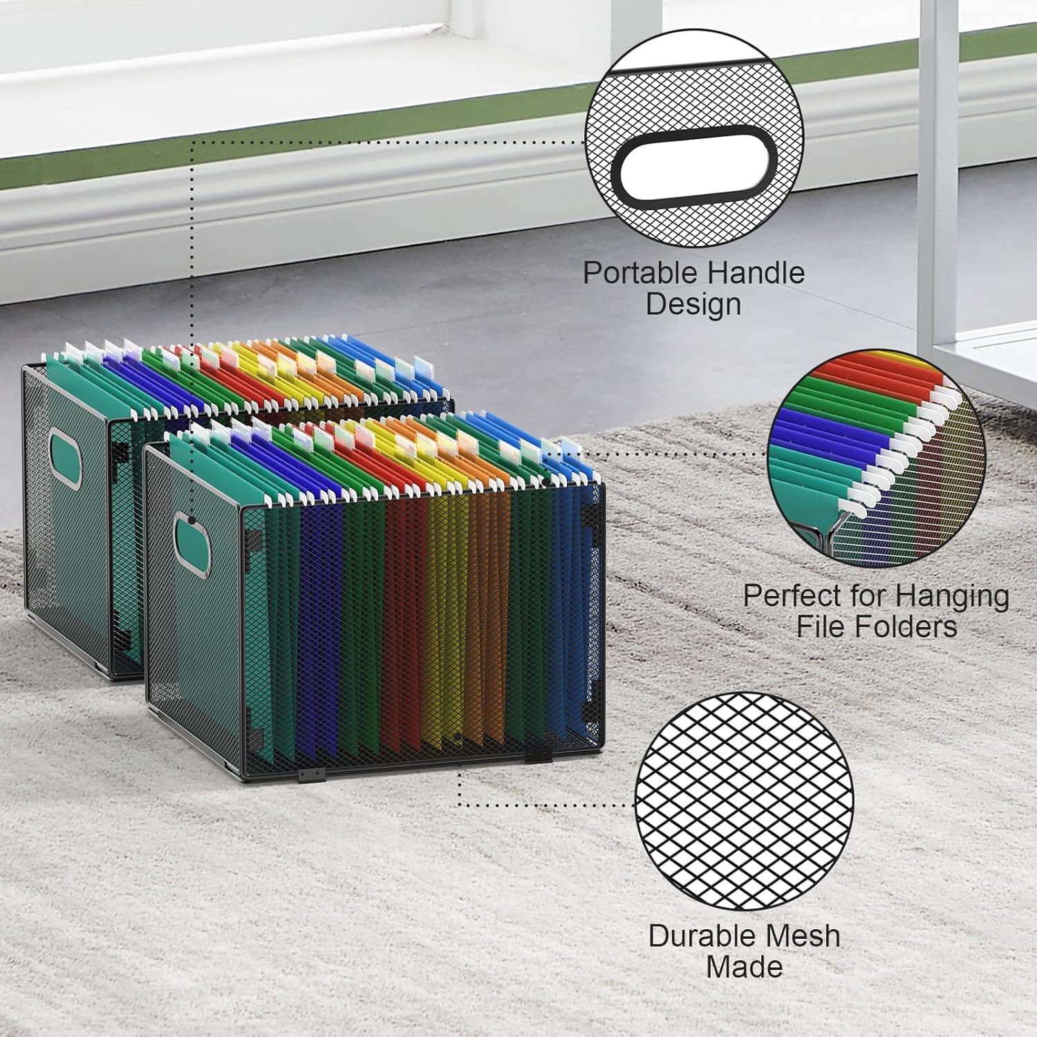 2 Pack Hanging File Organizer, Mesh File Folder Box Filing Box File Cabinet Organizer Storage Boxes, Letter Size