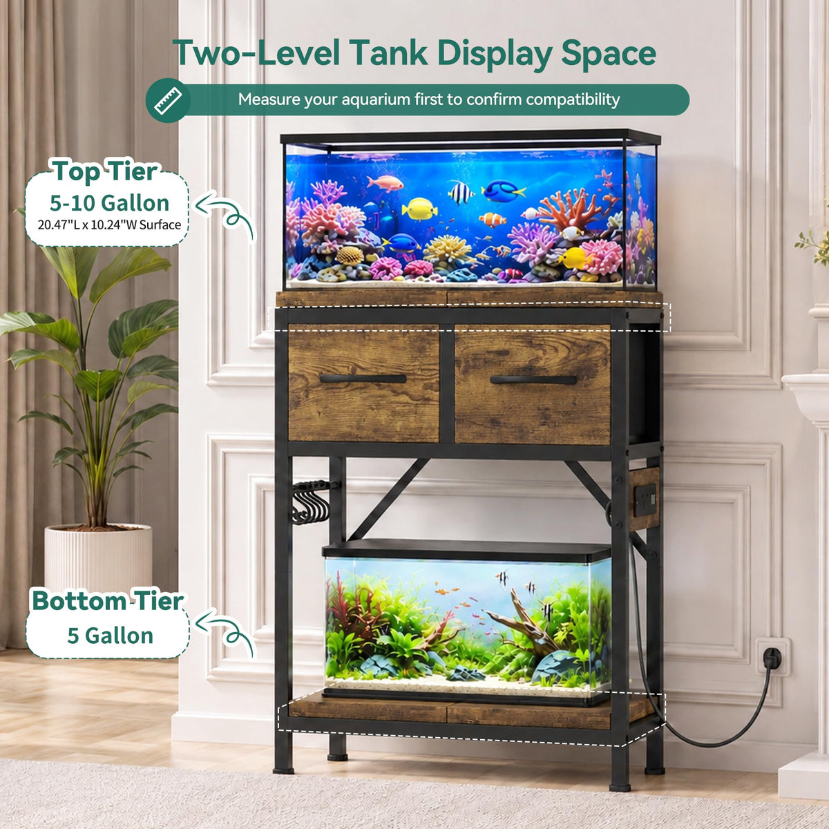 5-10 Gallon Fish Tank Stand with Power Outlets & Storage HAS021SSR