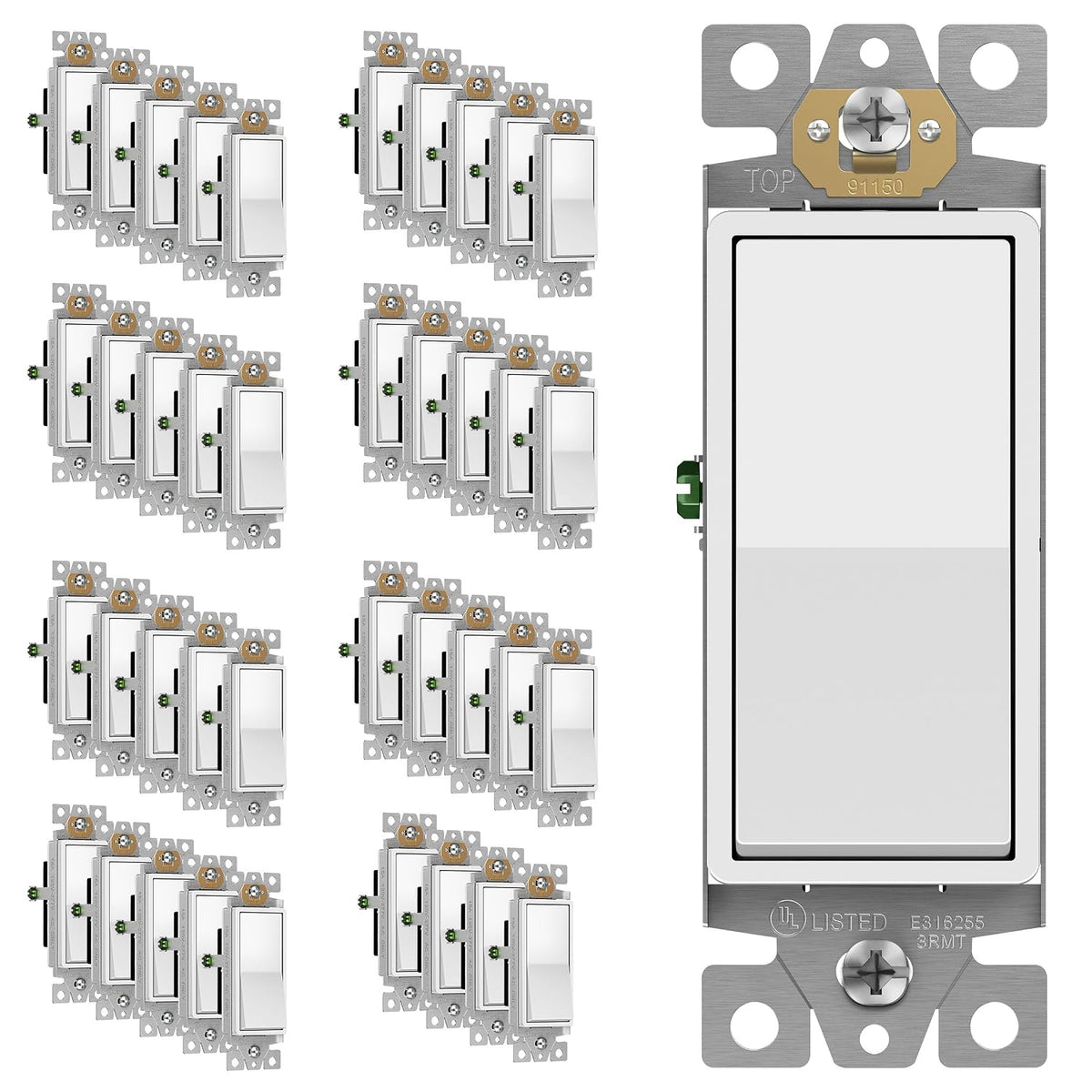 ENERLITES White Single Pole Decorator Paddle Light Switch, 15A, 40 Pack