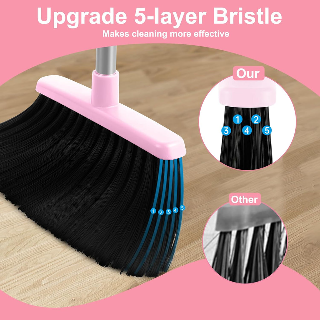 Broom and Dustpan Set for Home, 52” Long Handle Broom with Dustpan Combo Set with Dust Pan Teeth to Clean Hair