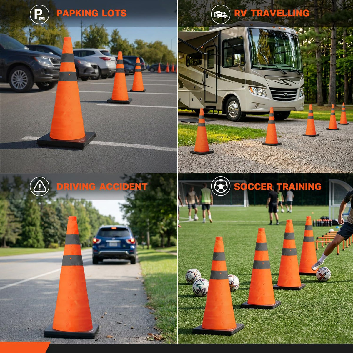 28 inch Collapsible Traffic Safety Cones Orange Plastic Base 4 Pack | Collapsible folds flat, reflective strips