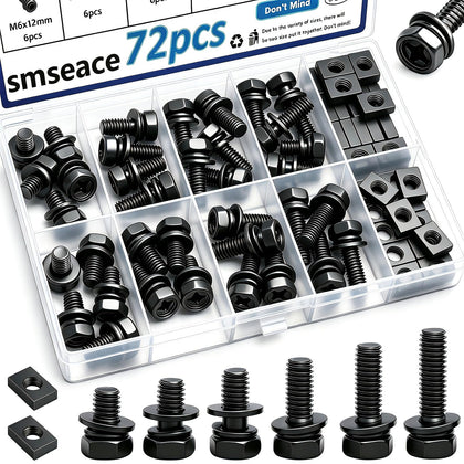 72Pack Black Battery Terminal Bolts and Nuts 6-Sizes M6x10/12/14/16/18/20mm 304 Stainless Steel Motorcycle Battery