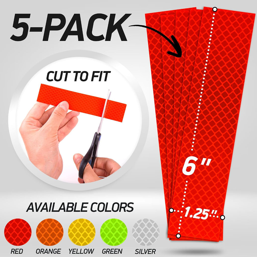 Reflective Stickers | 3M Diamond Grade | Red | 1.25″ x 6″ | 5-Pack | Reflective Safety Tape for Helmets, Cars
