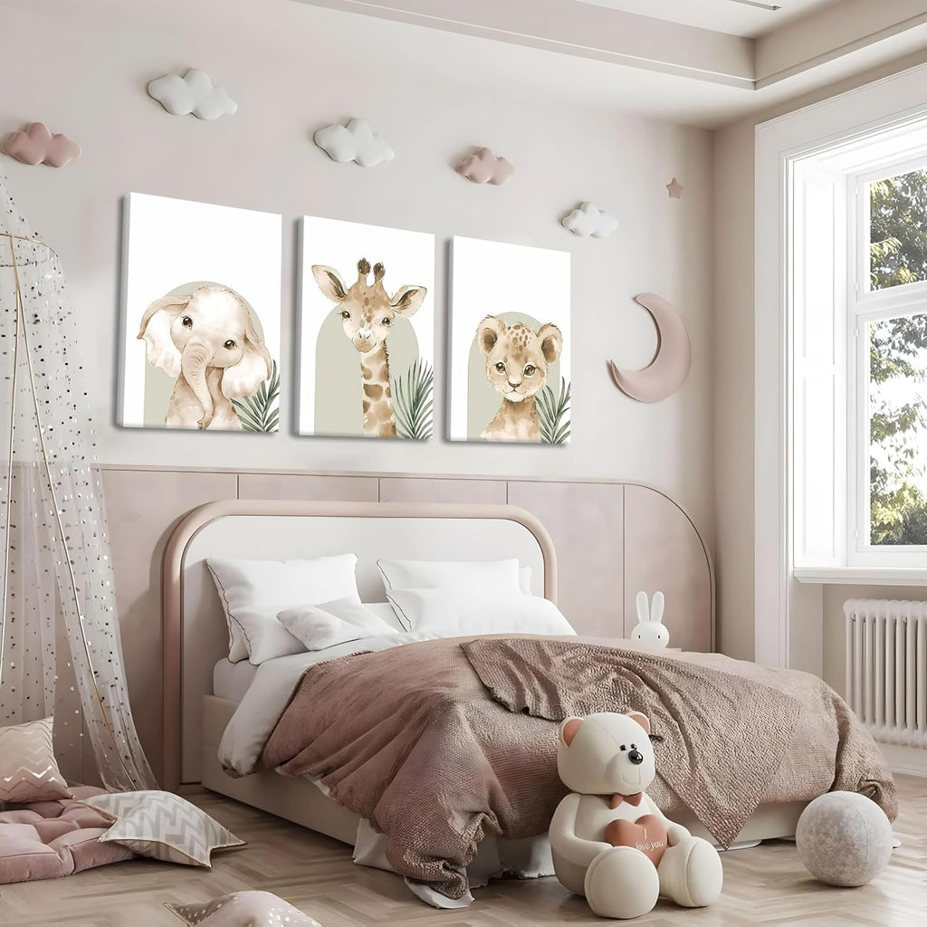 Nursery Wall Decor Set of 3, Cute Animal Lion Elephant Baby Pictures Poster Prints, Giraffe Jungle Canvas Wall Art