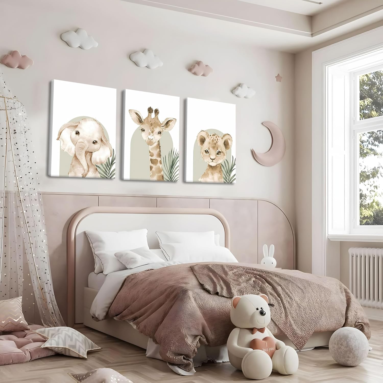Nursery Wall Decor Set of 3, Cute Animal Lion Elephant Baby Pictures Poster Prints, Giraffe Jungle Canvas Wall Art