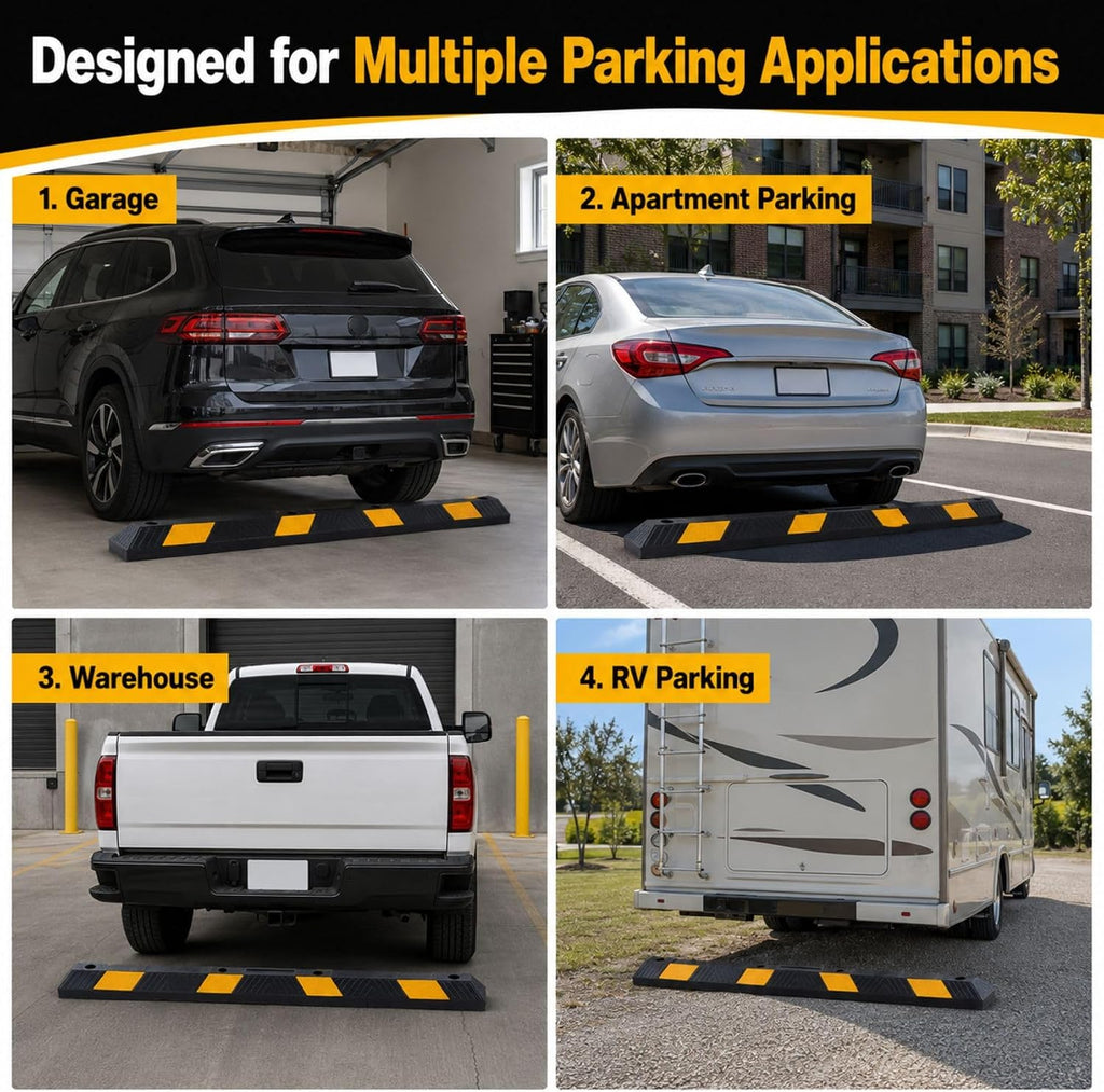 72" Heavy Duty Rubber Parking Stopper for Garage – 6-Foot Long Wheel Stopper with Reflective Stripe, UV-Resistant