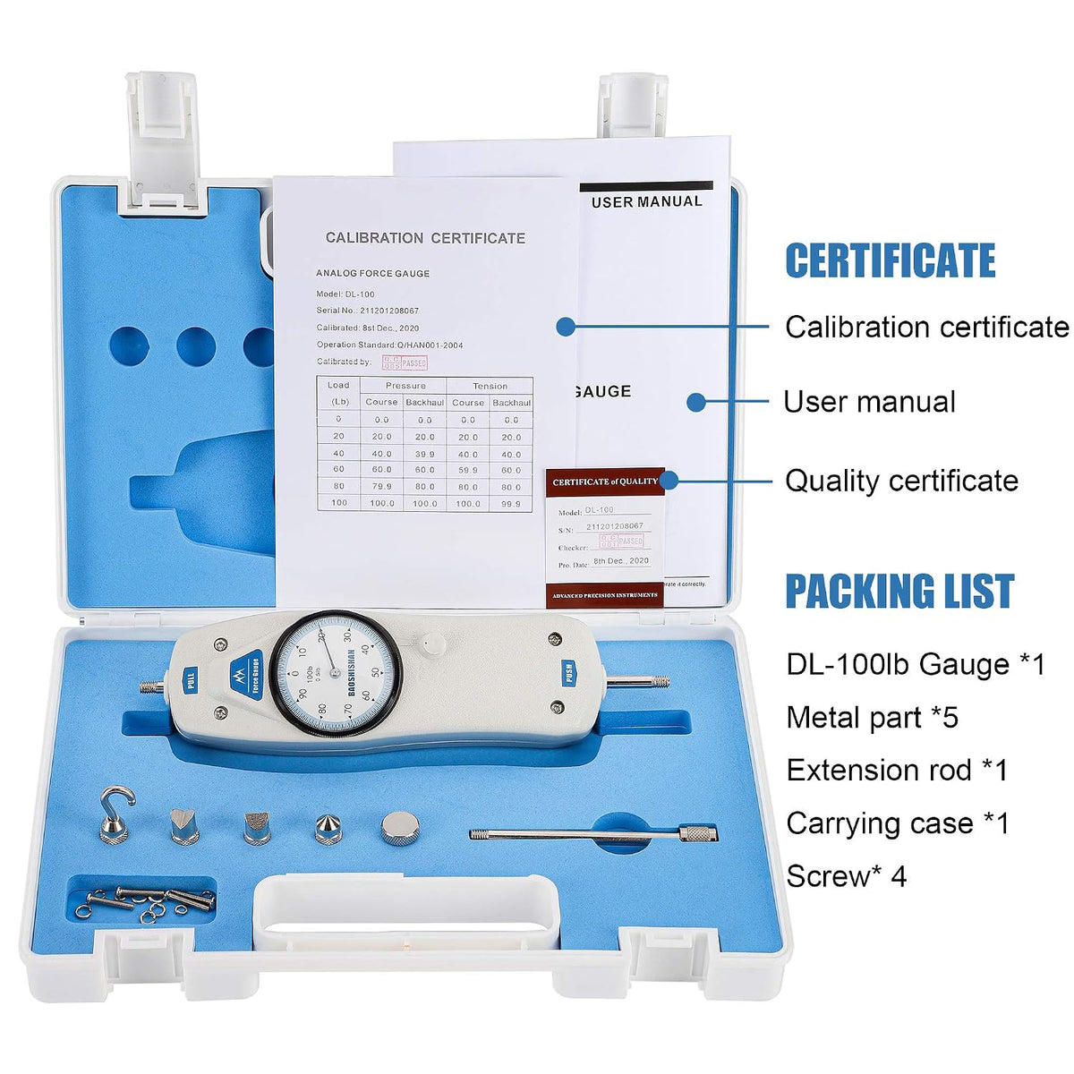 BAOSHISHAN 100lb Push Pull Force Gauge with Calibration Certificate