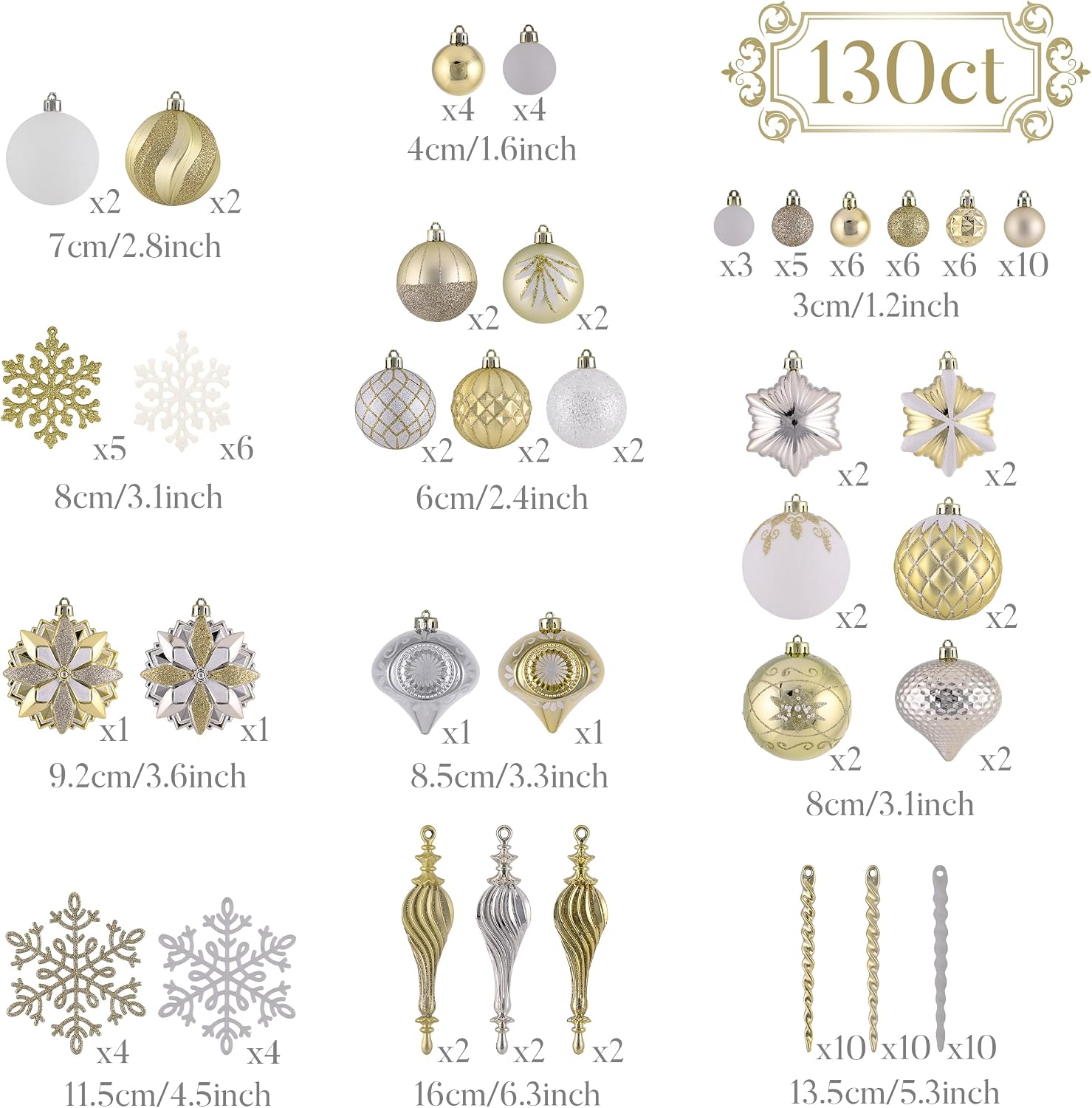 Christmas Tree Ornaments, 130ct White and Gold Shatterproof Christmas Tree Decorations, Elegant Hanging Ball