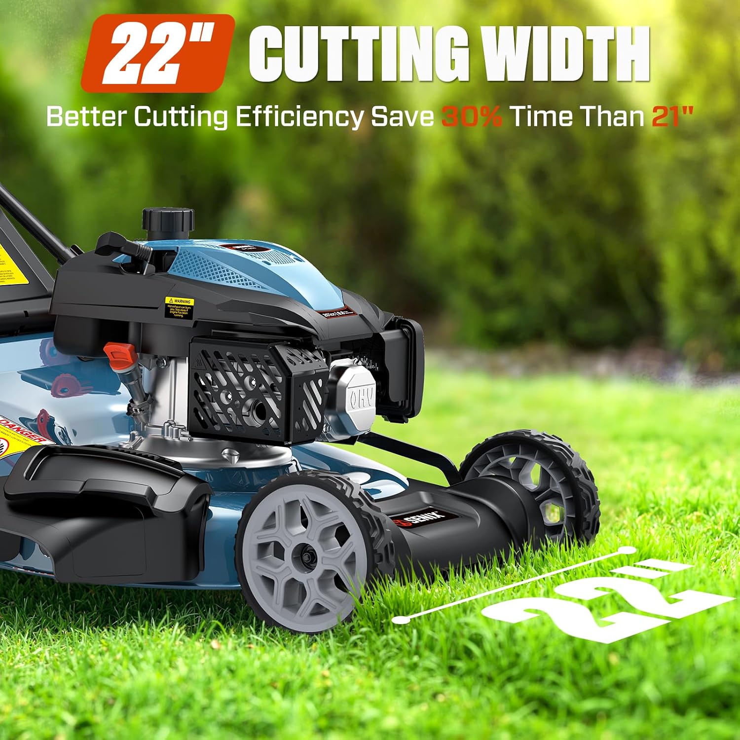 22" 201cc Variable Speed Rear Wheel Self Propelled Gas Lawn Mower | 4-Cycle OHV Engine, 3-in-1 Mower with Bagging