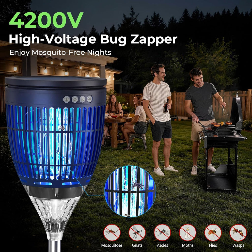 Solar Bug Zapper Outdoor, 3 in 1 Solar Mosquito Zapper with Flame, Projection Mode, Auto On/Off, Grounding Bracket