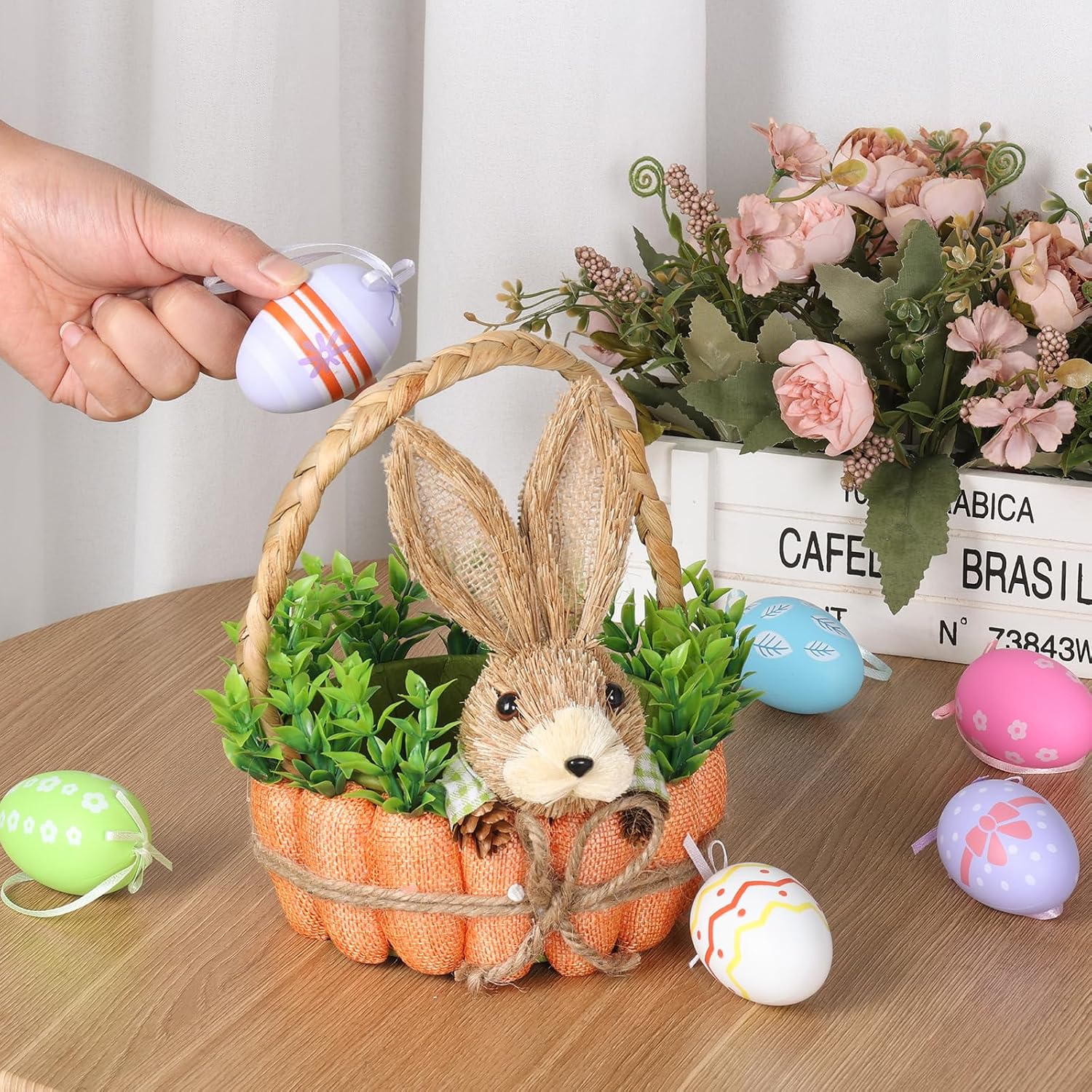 Easter Basket Decoration with Handle, Handmade Straw Bunnies, 12 Hanging Easter Eggs,Carrot Baskets for Easter Egg