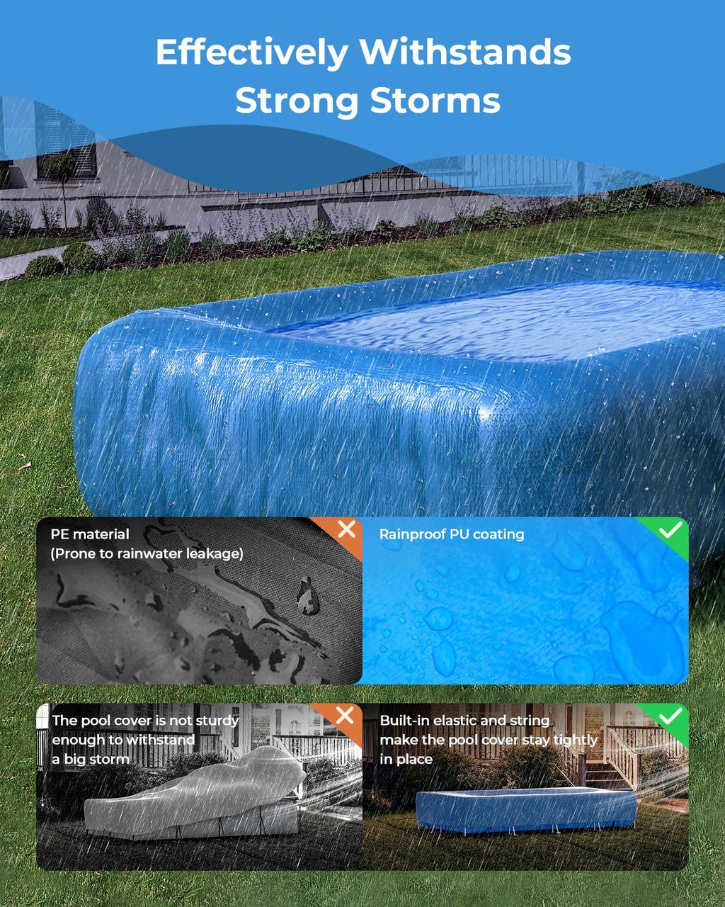 Inflatable Pool Cover Rectangle for 120” x 72”, 130” x 72”, 145" x 74" Pool, Secure Elastic Edge & Drawstrings 10' x