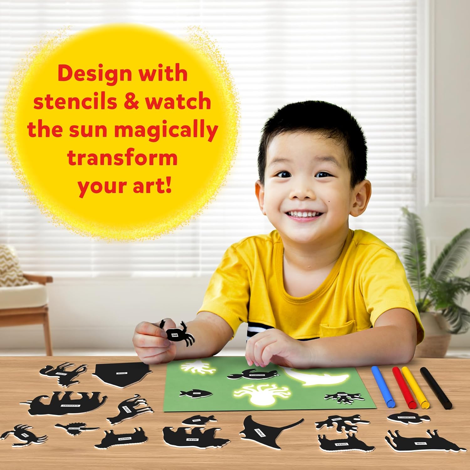 Sun Paper Art Kit - STEM Craft Kit for Kids with Decorative Paper, Stencils & Markers, Create with Sunlight