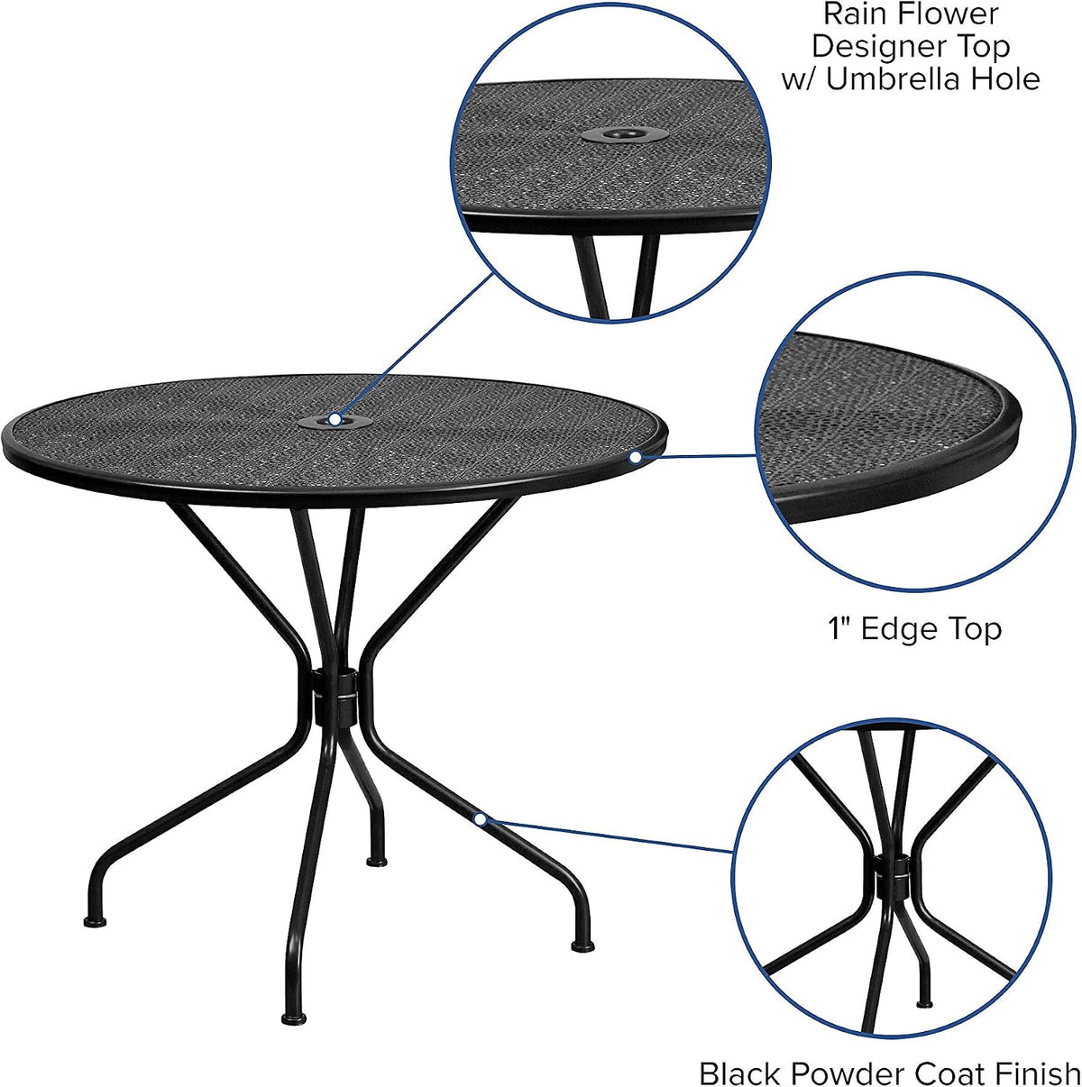 35.25" Round Patio Table with Umbrella Hole, Black