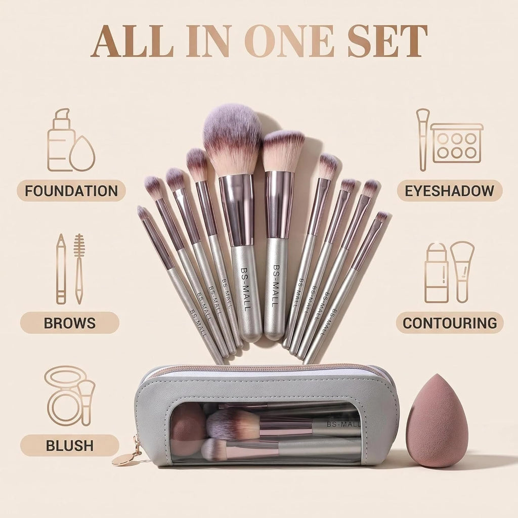 Travel Makeup Brush Set BS-MALL14 PCS Professional Makeup Brushes with Case & Sponge for Foundation, Concealer