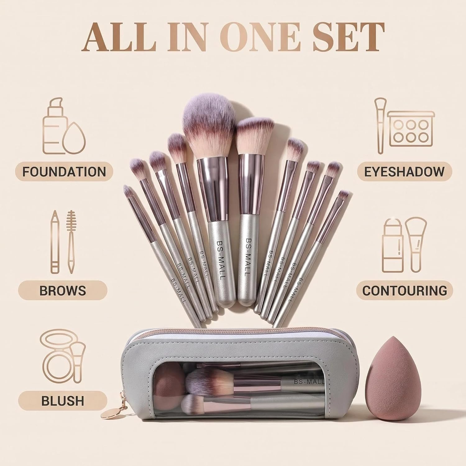 Travel Makeup Brush Set BS-MALL14 PCS Professional Makeup Brushes with Case & Sponge for Foundation, Concealer
