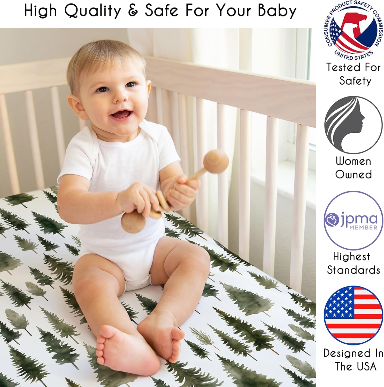 4-Piece Baby Crib Bedding Set (Sage Green Woodland) for Boys or Girls, Infants/Nursery incl. Blanket, Fitted Sheet