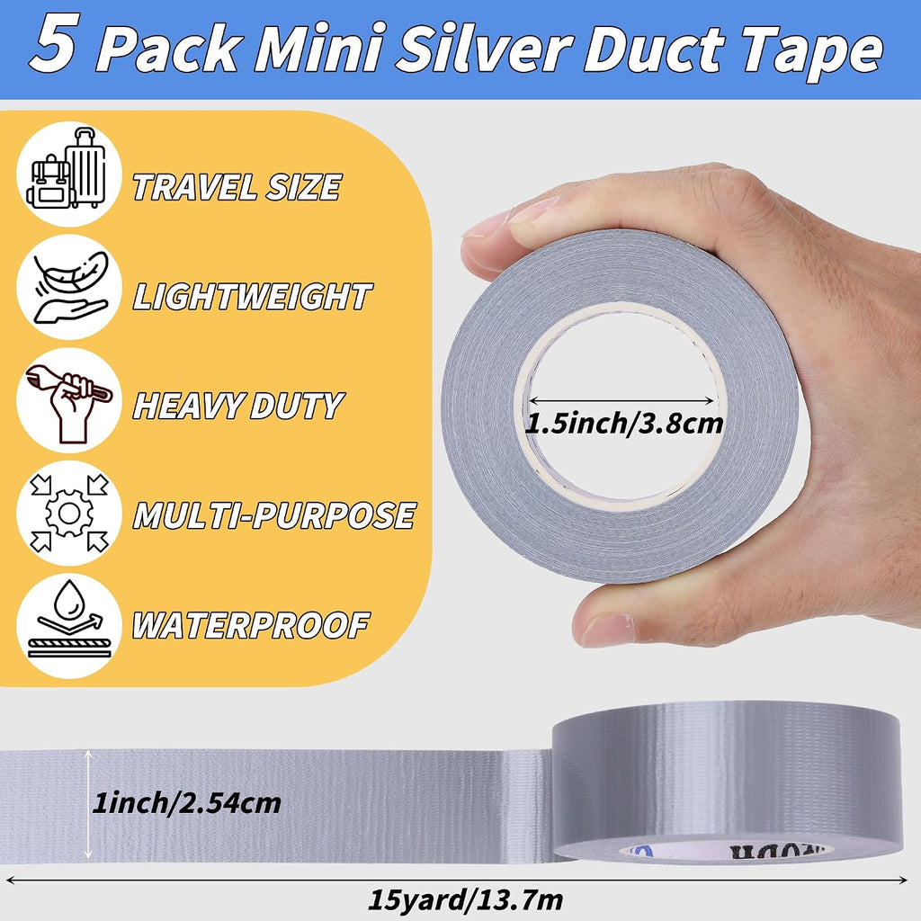 5 Pack Mini Silver Duct Tape, 1" x 75 Yards Pocket Travel Size