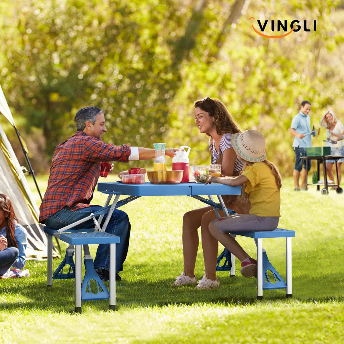4 Ft Camping Picnic Table Set with 4 Seats with Umbrella Hole Folding Lightweight Suitcase Card Table-220 Lbs Support